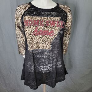 Southern Grace Arkansas Home Sweet Home Black & Leopard Burnout Baseball T-Shirt